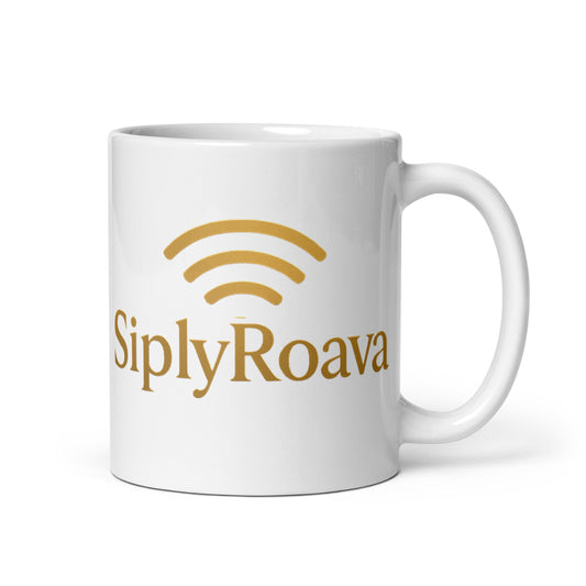 White glossy mug featuring the SiplyRoava logo in gold, perfect for coffee and tea use.